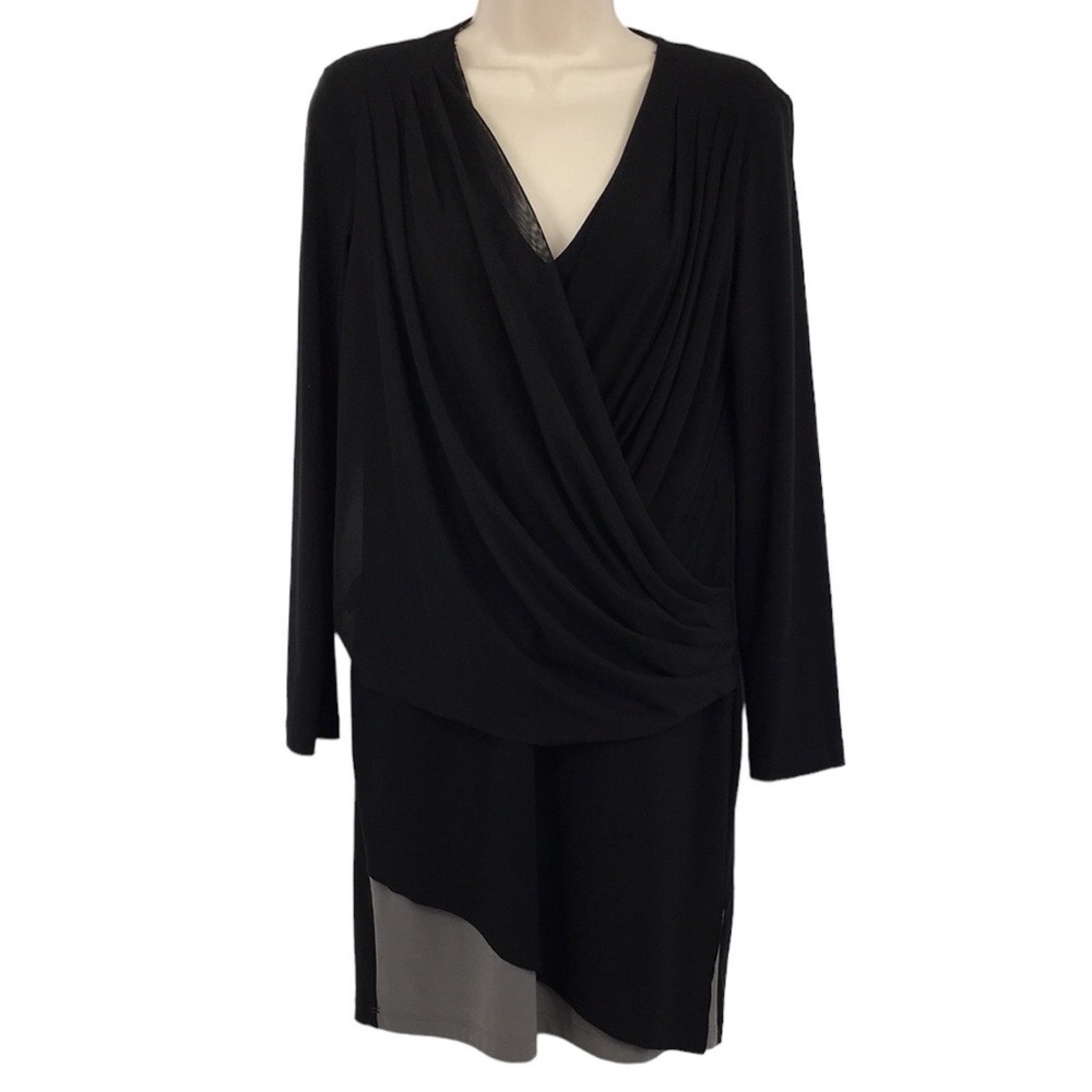 Alex & Ava By Komarov Dress Womens Xs Black Mesh Panel Drape Faux Wrap